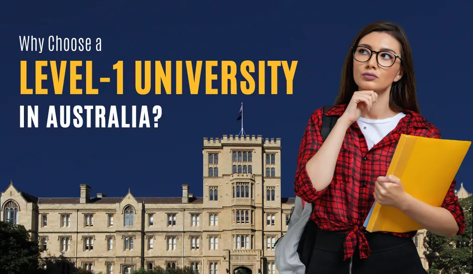 Thoughtful Indian female student holding yellow folder in front of historic Australian university building, highlighting advantages of studying at level 1 universities in Australia with scholarship opportunities for Indian students.