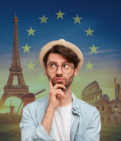 Thoughtful young man imagining working in Europe, with landmarks like Eiffel Tower and Colosseum in background, symbolizing career opportunities and guidance from Europe work permit consultants in Ahmedabad.