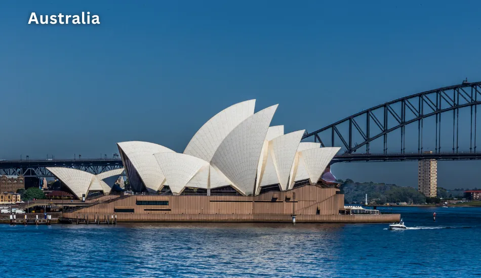 Daytime view of the Sydney Opera House with Harbour Bridge in the background, highlighting Australia as one of the best countries to migrate for a warm climate, high standard of living, and skilled job opportunities in healthcare and engineering.