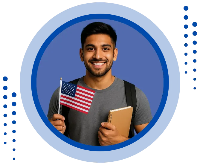 Smiling Indian student holding US flag and notebook, symbolizing expert guidance from top USA study visa consultants in Ahmedabad for successful university admission and visa approval
