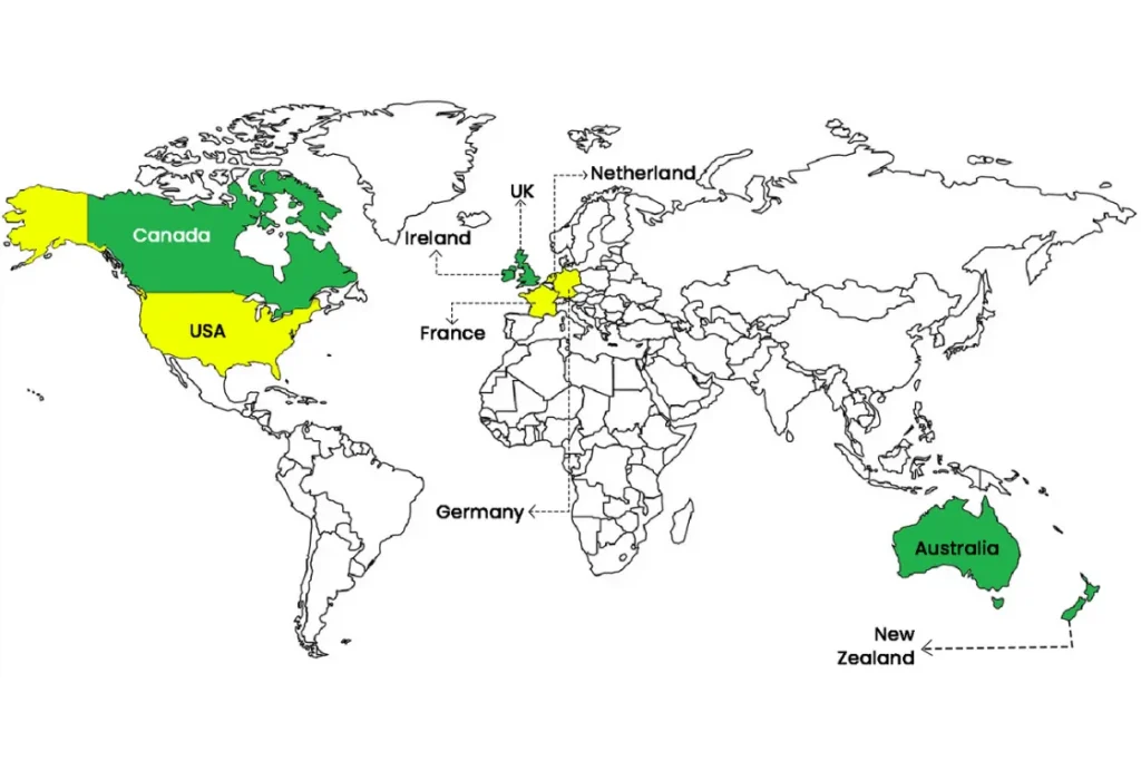 World map highlighting countries that require IELTS like UK, Canada, Australia, New Zealand, and Ireland, and countries where IELTS may not be mandatory such as the USA, Germany, France, and the Netherlands; used in context of IELTS coaching in Ahmedabad.