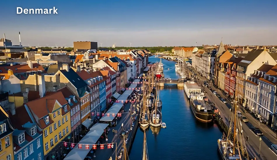 Colorful buildings and docked boats along the Nyhavn canal in Copenhagen, showcasing Denmark as one of the best countries to migrate for free healthcare, excellent education, and a safe, equality-driven society with strong work-life balance.