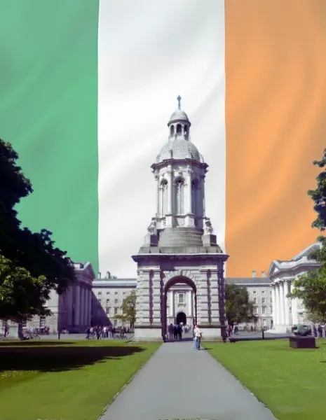 Trinity College Dublin's iconic campanile in front of the Irish flag, representing Ireland's rich educational heritage. A great destination for international students seeking top-tier education, career opportunities, and a vibrant cultural experience.
