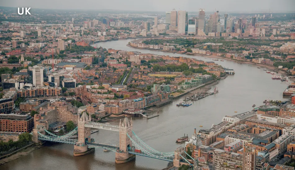 Panoramic aerial view of London with Tower Bridge over the River Thames and modern skyline in the distance, representing the UK as one of the best countries to migrate for world-class universities, global exposure, and diverse job opportunities.