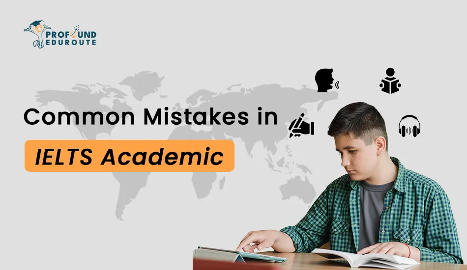 Young male student studying with a book and tablet in hand, with global icons representing IELTS Academic skills—highlighting common mistakes in writing, speaking, reading, and listening. Keywords: IELTS academic, IELTS academic exam, IELTS academic exam fees, IELTS academic exam format.