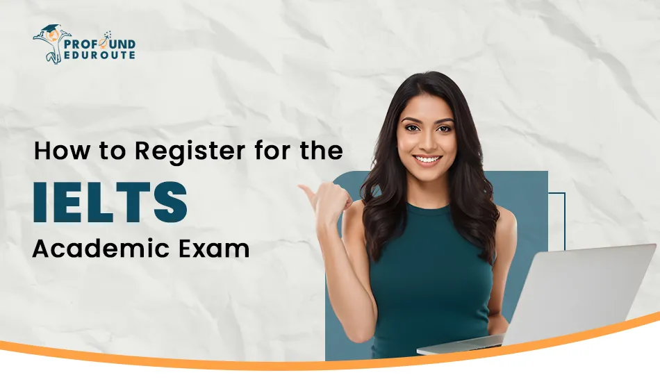 Smiling woman pointing towards a laptop, illustrating step-by-step IELTS Academic exam registration process including test type selection, fee payment, and confirmation. Keywords: IELTS academic, IELTS academic exam, IELTS academic exam fees, IELTS academic exam format.