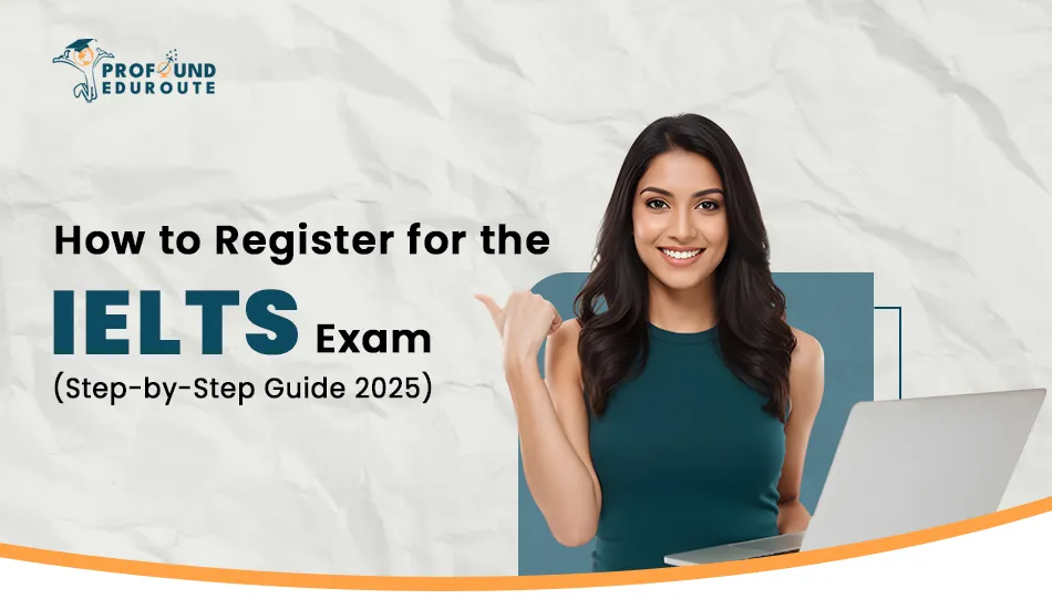 Smiling young woman pointing towards a laptop, representing the step-by-step process of registering for the IELTS exam in 2025 for study, work, or migration abroad. Keywords: what is IELTS course, why IELTS is important, IELTS qualification, what is the use of IELTS exam.