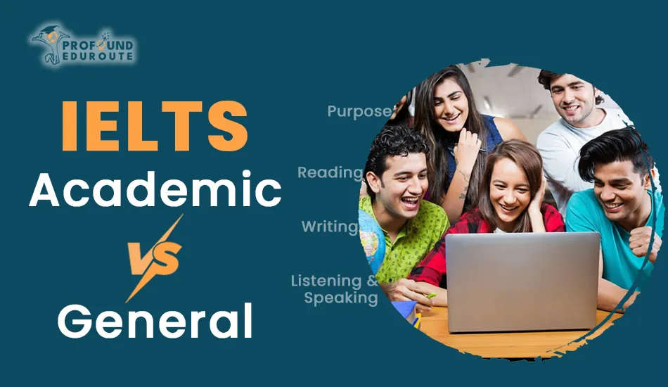 Group of students gathered around a laptop, highlighting differences between IELTS Academic and General Training in purpose, reading, and writing sections. Keywords: IELTS academic, IELTS academic exam, IELTS academic exam fees, IELTS academic exam format.