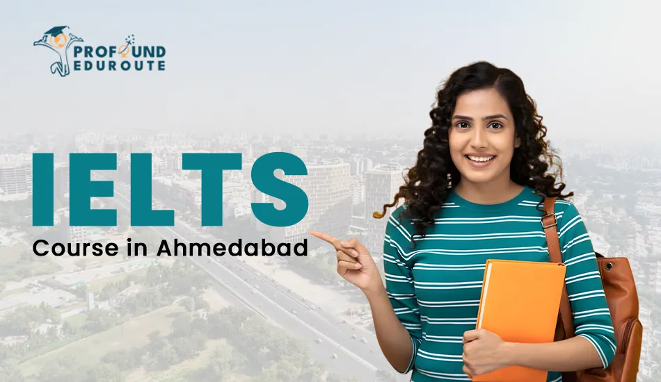 Smiling female student pointing towards the text, with Ahmedabad city in the background, promoting IELTS coaching at Eduprofound with certified trainers and flexible classes. Keywords: what is IELTS course, IELTS qualification, why IELTS is important, what is the use of IELTS exam.