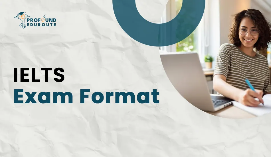 Smiling student taking notes beside a laptop, representing IELTS exam format covering listening, reading, writing, and speaking sections. Keywords: what is IELTS course, IELTS qualification, why IELTS is important, what is the use of IELTS exam.