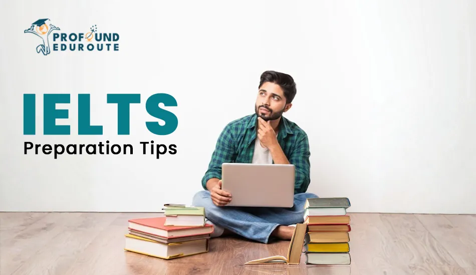 Thoughtful male student using a laptop while surrounded by books, symbolizing effective IELTS preparation strategies like mock tests, vocabulary building, and expert coaching. Keywords: what is IELTS course, IELTS qualification, why IELTS is important, what is the use of IELTS exam.