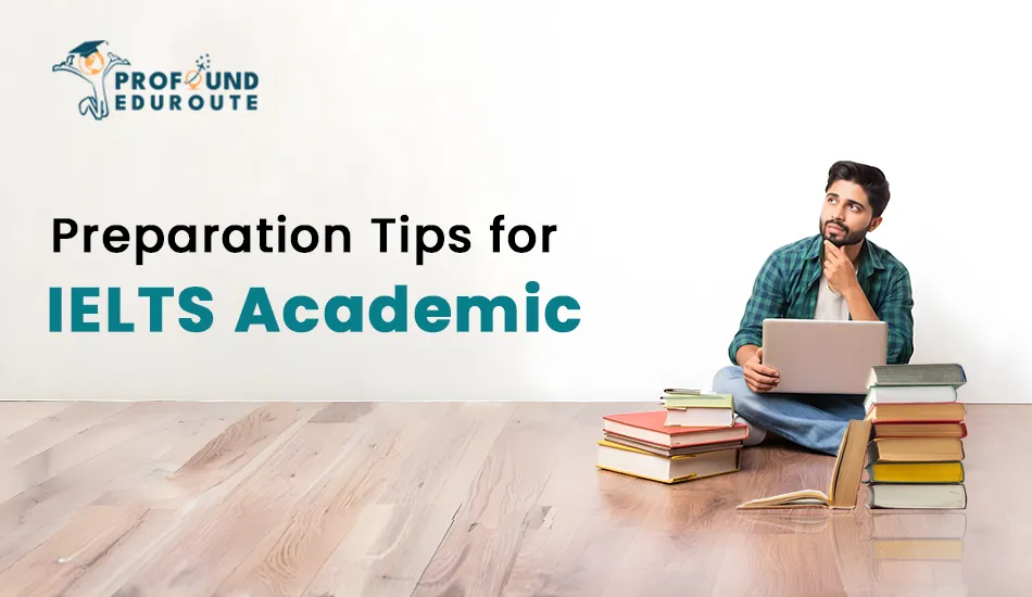 Thoughtful male student with a laptop and books, representing detailed preparation tips for IELTS Academic exam including listening, reading, writing, and speaking strategies. Keywords: IELTS academic, IELTS academic exam, IELTS academic exam fees, IELTS academic exam format.