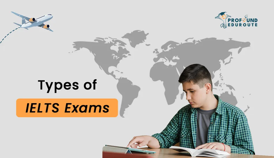Teenage boy reading books with a world map background, representing different types of IELTS exams – Academic and General Training – for study abroad, work, and immigration. Keywords: what is IELTS course, IELTS qualification, what is the use of IELTS exam.