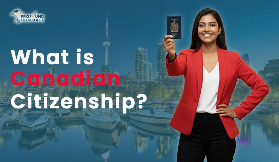 Smiling woman in red blazer holding Canadian passport with Toronto skyline in background, representing Canadian citizenship benefits and eligibility, highlighting difference between Canadian PR and citizenship.