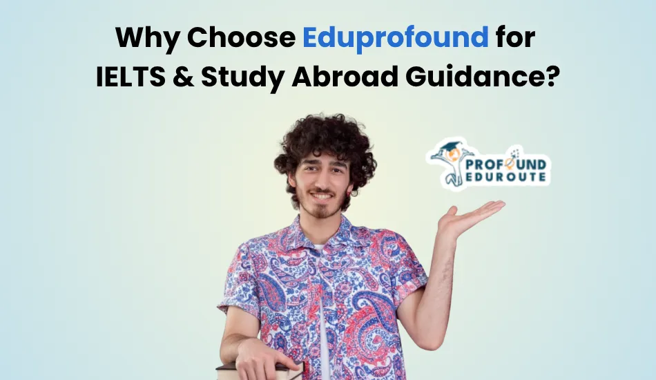 Smiling male student in colorful shirt pointing towards Eduprofound logo, promoting expert IELTS coaching and global study visa consultancy services for countries like Canada, Australia, USA, and Germany. Keywords: what is IELTS course, IELTS qualification, why IELTS is important, what is the use of IELTS exam.