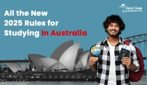Smiling Indian student holding passport and globe in front of Sydney Opera House, representing updated 2025 rules for studying in Australia including new visa policies, post-study work rights, and compliance measures