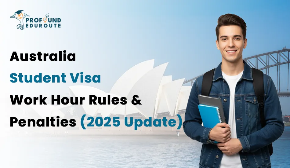 Smiling student with notebooks in front of Sydney Opera House, illustrating Australia’s 2025 student visa work hour rules and penalties, including 48-hour fortnightly limit, exceptions for research students, and visa cancellation risks