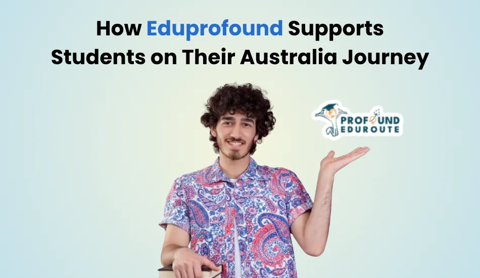 Smiling student pointing to Profound EduRoute logo, symbolizing expert guidance for Indian students on studying in Australia in 2025, including course selection, IELTS prep, visa filing, and post-arrival support