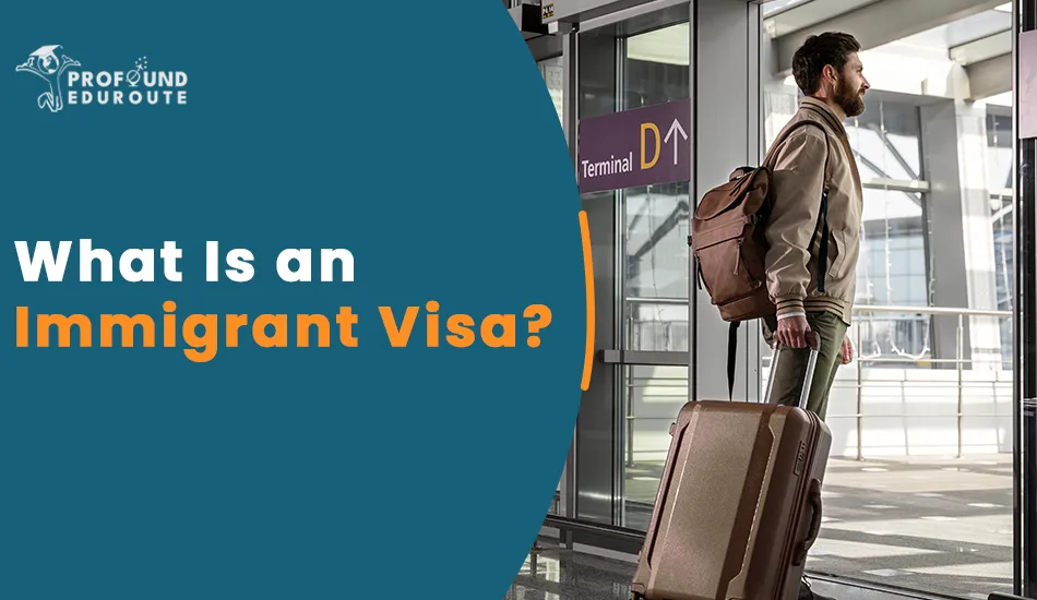 Man with luggage at airport terminal representing the concept of immigrant visa for permanent residency, family settlement, or employment abroad.