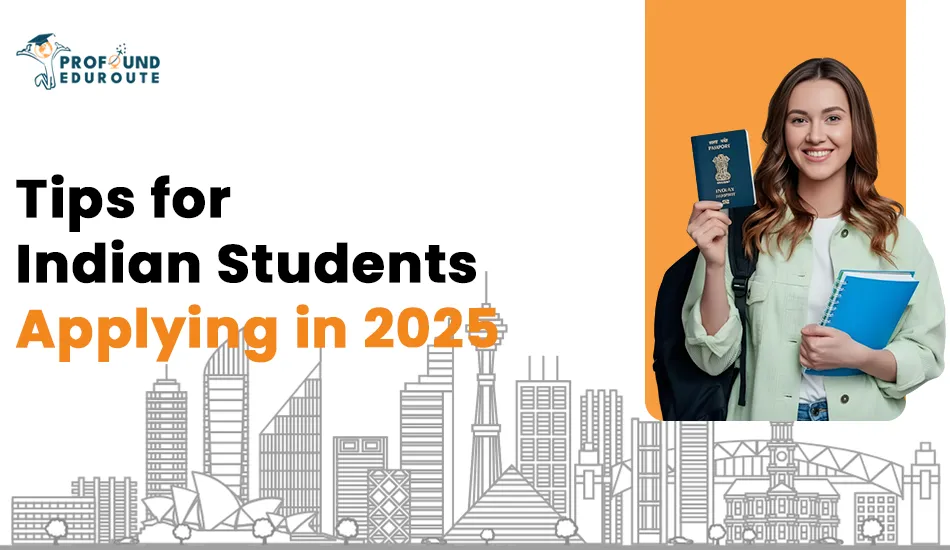 Smiling Indian student holding passport and notebooks, with city skyline illustration, highlighting key 2025 tips for studying in Australia including IELTS prep, visa fee budgeting, early applications, and strong SOP