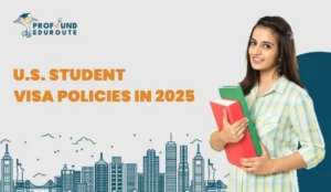 Smiling female student holding books with city skyline in background, highlighting updated U.S. student visa policies in 2025 including stricter vetting, longer wait times, and new immigration rules for international applicants