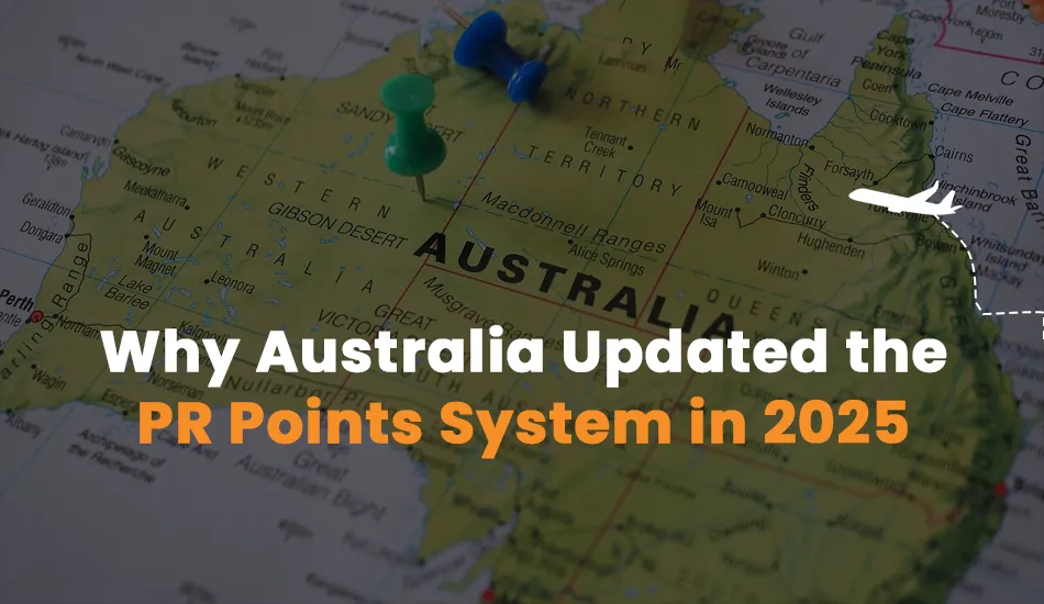 Close-up of Australia map with pins and airplane icon, highlighting the 2025 update to Australia’s PR points system focused on skilled migration, impacting Indian visa applicants