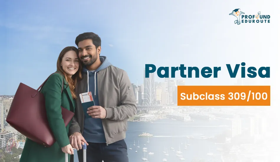 Happy Indian man and his partner at the airport with luggage and boarding passes, representing Australia Partner Visa (Subclass 309/100) for Indians joining their Australian spouse or partner