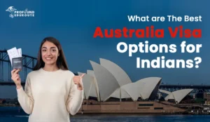 Smiling Indian woman holding passport and flight tickets with Sydney Opera House in the background, representing best Australia visa options for Indians including student, visitor, and graduate visas