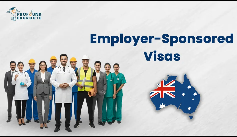 Group of Indian professionals from healthcare, engineering, business, and construction fields standing beside Australia map graphic, representing top employer-sponsored visa options like Subclass 482, 186, and 494 for skilled Indians