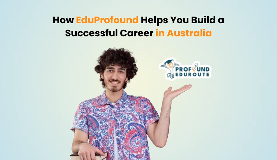 Smiling young man in a colorful shirt pointing towards the EduProfound logo, representing expert guidance for securing skilled jobs and building a successful career in Australia.