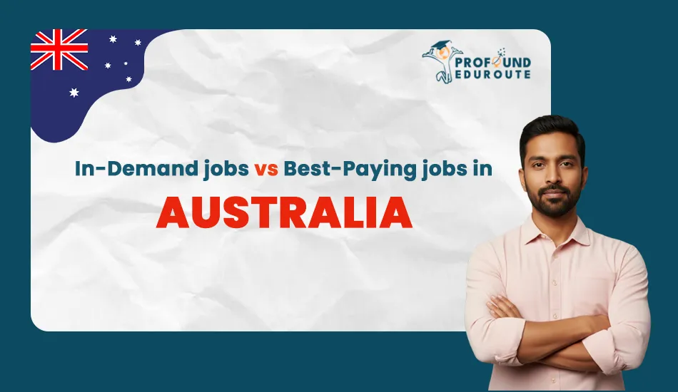 Confident young professional standing next to a banner comparing in-demand jobs vs best-paying jobs in Australia, highlighting key job market trends for skilled migrants and students.