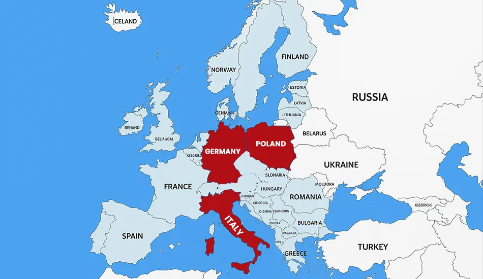 Map of Europe with Italy, Poland, and Germany highlighted in red, showing the most preferred study destinations in 2025 due to low tuition fees, high visa approval rates, and strong job markets