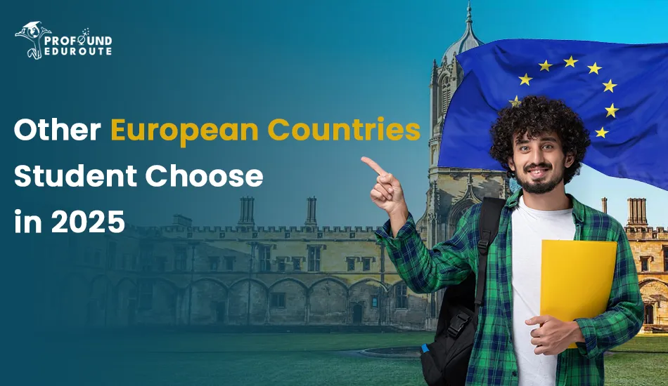 Smiling male student holding folders and pointing to EU flag with a European university campus in the background, representing rising student interest in countries like the UK, Ireland, France, Spain, Netherlands, Finland, and Sweden in 2025