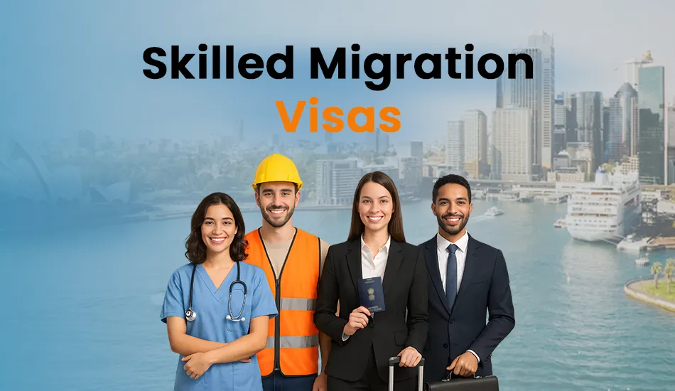 Group of skilled Indian professionals including a nurse, engineer, businesswoman, and executive, standing in front of Sydney skyline, promoting Australia’s best skilled migration visa options like Subclass 189, 190, and 491 for Indians