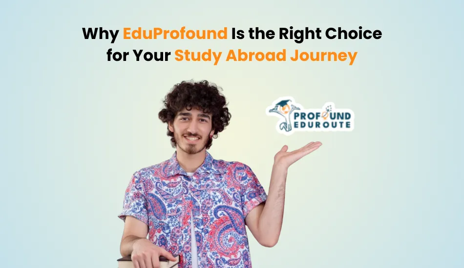 Smiling male student pointing towards the EduProfound logo, representing EduProfound's expert study abroad consultancy services for Europe-focused destinations like Italy, Poland, and Germany in 2025