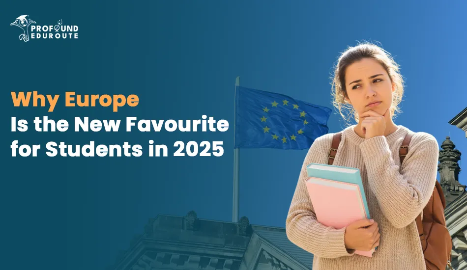 Thoughtful female student holding books with European Union flag in the background, representing why Europe is the preferred study destination in 2025 due to low tuition, high visa approval, and strong job prospects
