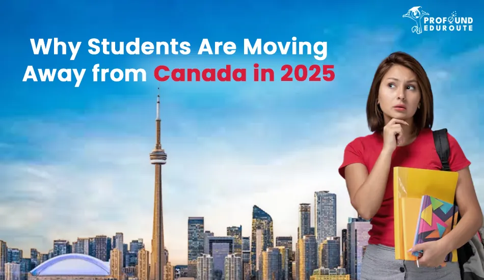 Worried female student holding books with Toronto skyline in the background, highlighting rising visa refusals, high living costs, and PR uncertainty as reasons students are avoiding Canada in 2025