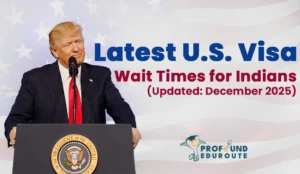 Donald Trump speaking at podium with U.S. flag in background, highlighting latest U.S. visa wait times for Indians as of December 2025, relevant to student, tourist, and work visa applicants.