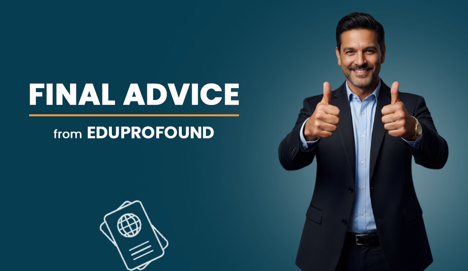 Smiling man in formal attire giving thumbs up, representing final U.S. visa advice from Eduprofound for Indian applicants, emphasizing early application, document readiness, and strategic planning amid reduced wait times.