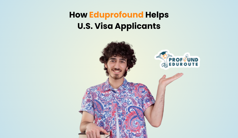 Smiling man in a colorful shirt pointing to the Eduprofound logo, representing how Eduprofound helps Indian applicants with the U.S. visa process through personalized support, document preparation, and interview guidance.