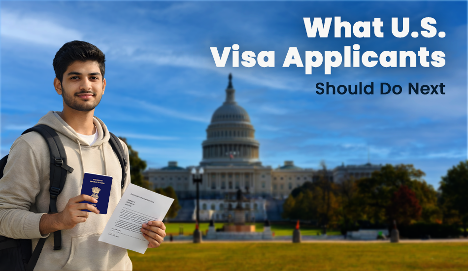 Young Indian student holding passport and documents in front of the U.S. Capitol, symbolizing next steps for U.S. visa applicants from India amid reduced visa wait times in 2025.