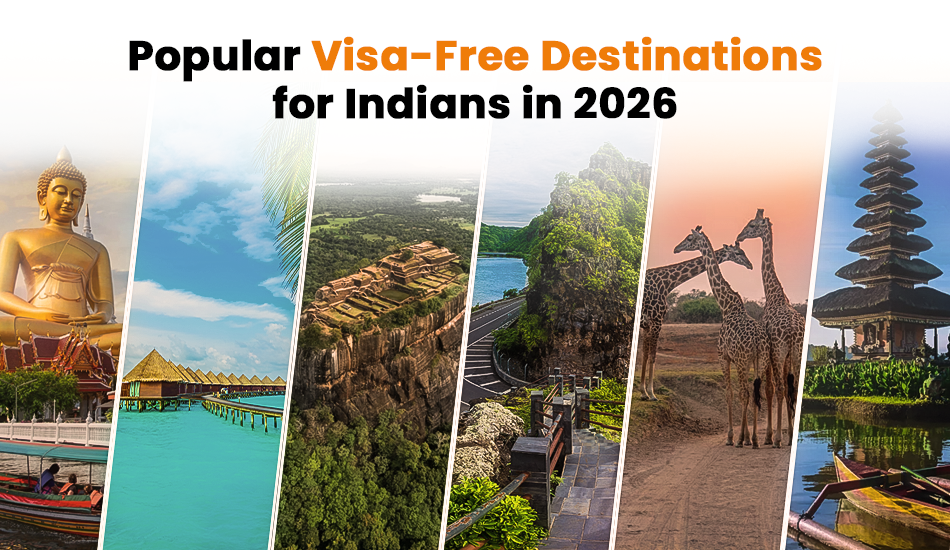Collage of top visa-free destinations for Indians in 2026, including Thailand, Maldives, Sri Lanka, Mauritius, Kenya, and Bali—highlighting scenic landscapes and cultural landmarks ideal for Indian tourists seeking hassle-free international travel.