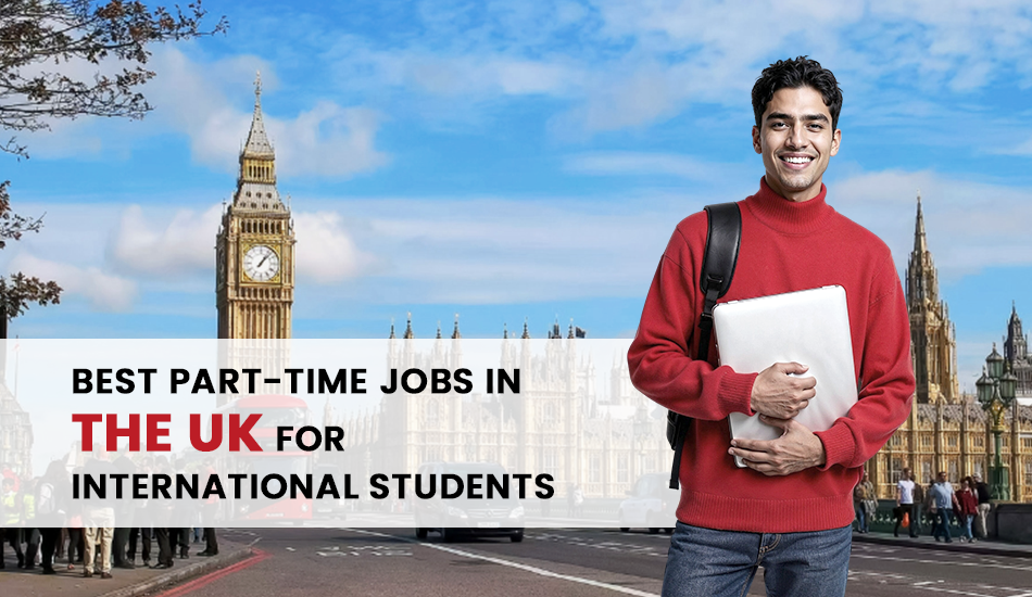 Smiling international student holding a laptop with Big Ben and a red London bus in the background, promoting a guide on the best part-time jobs in the UK for students, including salary insights and job options for Indian students.