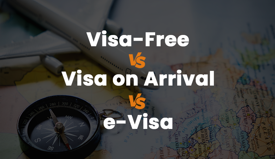 Background of a world map, toy airplane, and compass illustrating the comparison between visa-free, visa on arrival, and e-visa options for Indian passport holders, helping travelers choose the most convenient and secure travel method in 2026.