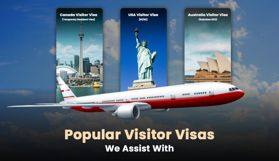 Airplane graphic with images of Canada, USA, and Australia landmarks, representing consultancy assistance for Indian travellers applying for visitor visas to countries that don’t offer visa-free access, including B1/B2, TRV, and Subclass 600 visas.