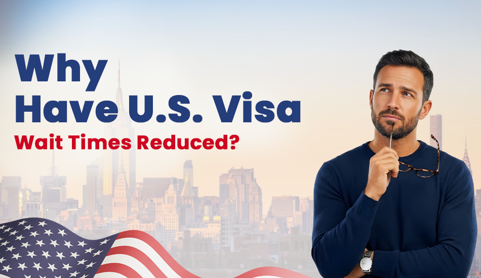 Thoughtful man with city skyline and U.S. flag in the background, representing inquiry into why U.S. visa wait times have reduced for Indian applicants, including reasons like increased staffing, priority processing, and policy improvements.