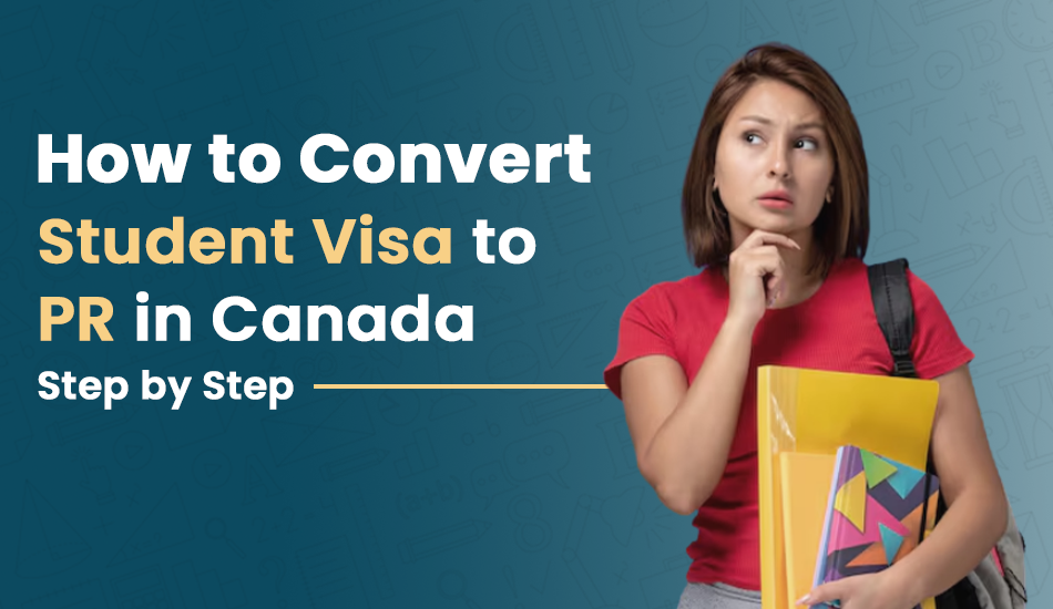Confident female student holding books and backpack thinking about how to convert student visa to PR in Canada step by step, representing how to get PR after student visa in Canada through PGWP and skilled work experience