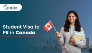 Indian student holding Canadian flag and books with Toronto skyline background representing student visa to PR in Canada and how to convert student visa to PR in Canada in 2026