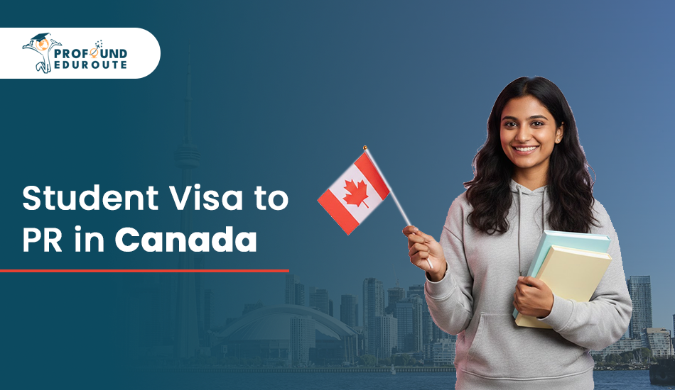 Indian student holding Canadian flag and books with Toronto skyline background representing student visa to PR in Canada and how to convert student visa to PR in Canada in 2026