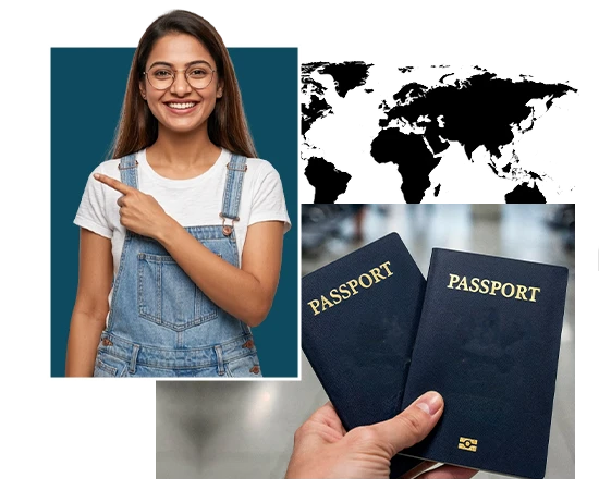 EduProfound visitor visa consultant in Ahmedabad representing trusted overseas guidance services with passport and global travel background, highlighting ethical documentation and transparent visitor visa consultancy across multiple countries